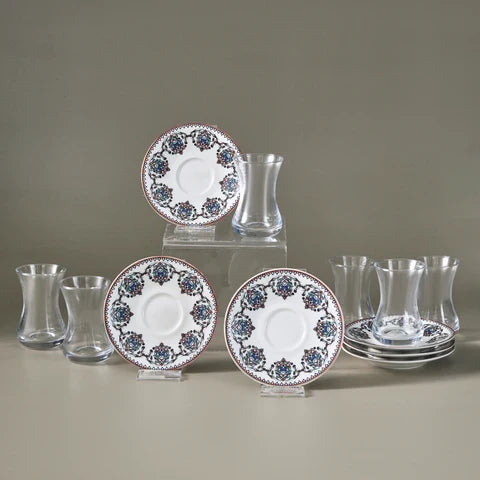 Service à Thé Turc Karaca Nakkas 12 Pièces en Bone China pour 6 Personnes, 130 ml, Rouge