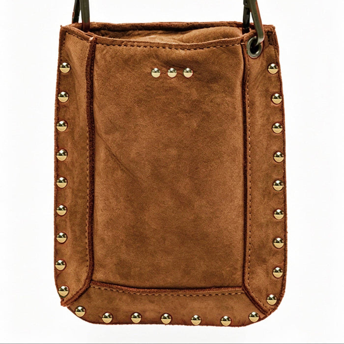 Brown leather pouch with gold studs and a strap on a white background
