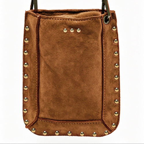 Brown leather pouch with gold studs and a strap on a white background