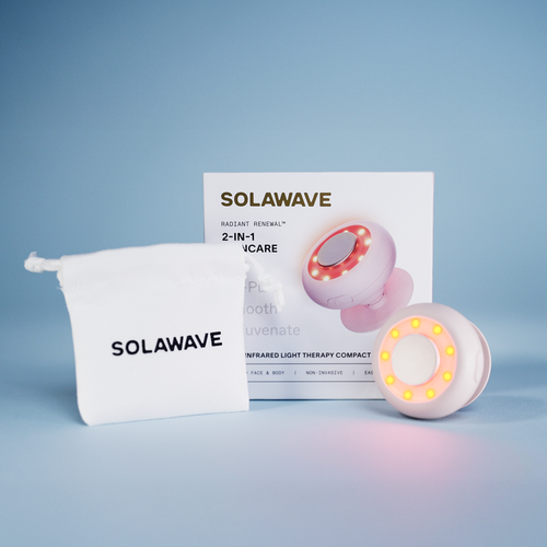 SOLAWAVE 2-in-1 skincare device with packaging and pouch on a light blue background
