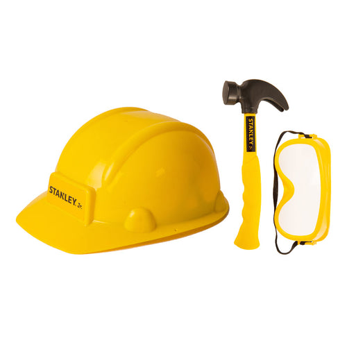 A Stanley Jr. 3 Piece Pretend Play Toolset by Red Toolbox, featuring a yellow construction helmet, yellow-handled hammer, and clear safety goggles with a yellow frame and black strap, is displayed against a white background.