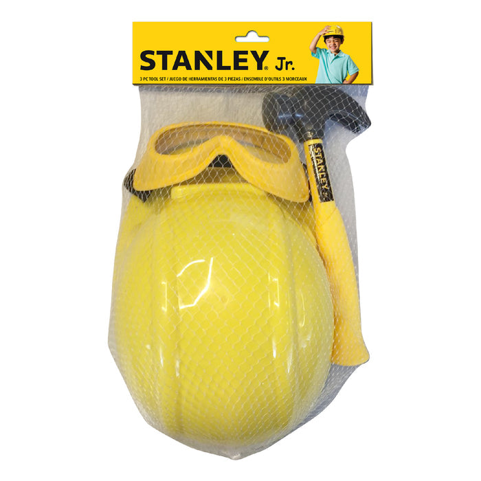 The Red Toolbox Stanley Jr. 3 Piece Pretend Play Toolset comes in mesh packaging with a yellow hard hat, safety goggles, and a black and yellow hammer. The header shows the Stanley Jr. logo and a child wearing the gear.