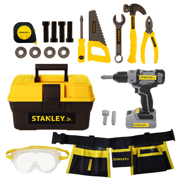 The Red Toolbox Stanley Jr. Battery Operated 21 Piece Pretend Play Toolset includes a yellow and black toolbox, kids drill, saw, wrench, pliers, tape measure, screws, nuts, goggles, tool belt & hammer—ideal for pretend play!.
