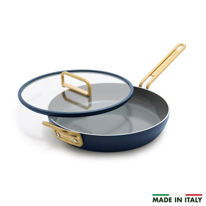 Blue ceramic 12-inch frypan with gold handle and matching lid.