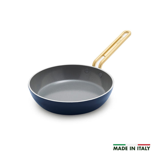 Blue ceramic 8-inch frypan with a gold handle.