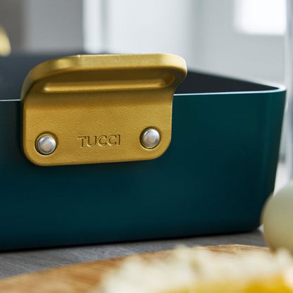 Venetian Teal ceramic lasagna pan with gold handle engraved TUCCI.