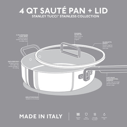 Stainless steel 4-quart sauté pan with lid, labeled features, and Made in Italy at the bottom.