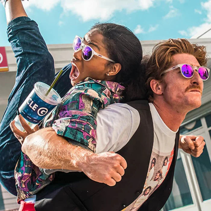 Reach for these clear, translucent circle frames with purple reflective lenses.

These amazing shades are the real deal. Super-stylish &amp; perfect for all your adventures!&nbsp; Be the envy of your friends this summer season!&nbsp;

Great sunglasses for kids (~7 years &amp; up) and adults.

POLARIZED: Glare reducing, polarized lenses with UV400 protection against UVA/UVB rays
NO Slip: Special grip coating eliminates slippage while sweating
NO Bounce: Snug and lightweight frame with a comfortable fit to pr
