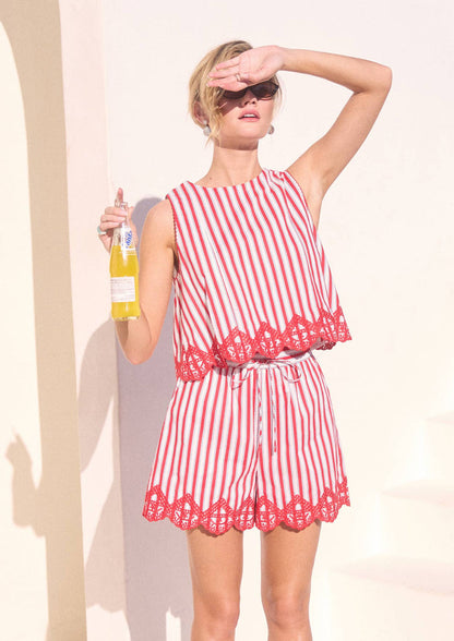 skies are blue Strolling Seaside Striped Shorts with Embroidery Hem - Red  White