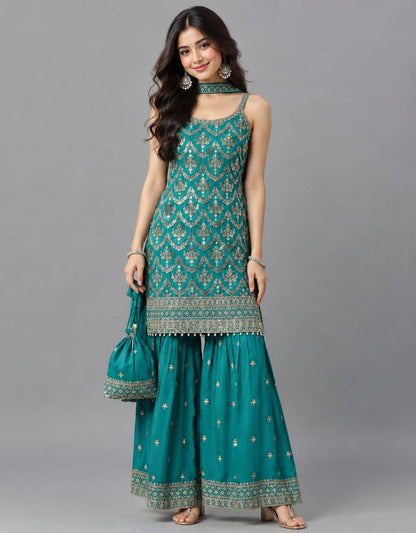 Teal Blue Chinon Suit Set