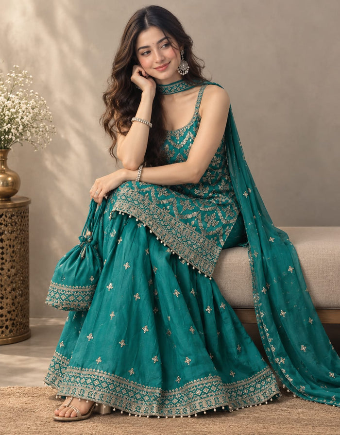 Teal Blue Chinon Suit Set