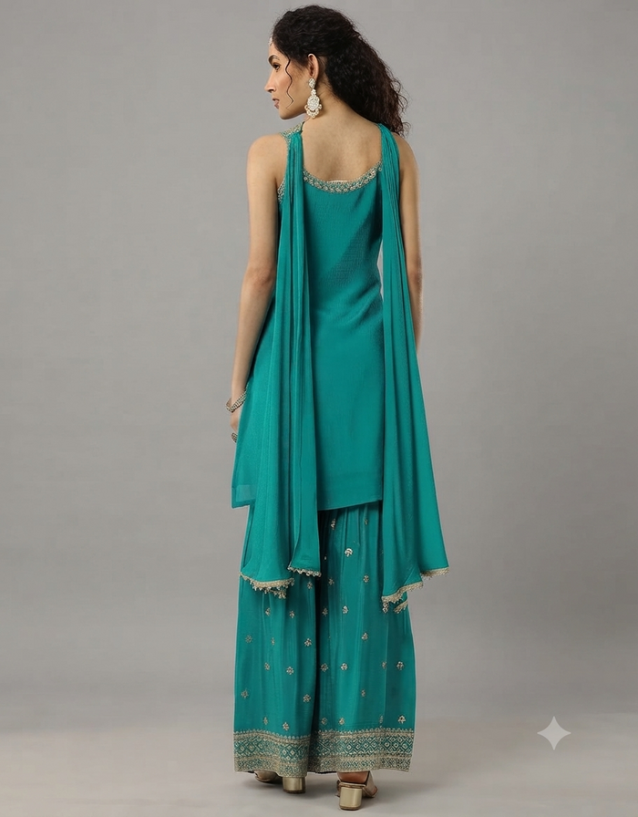 Teal Blue Chinon Suit Set