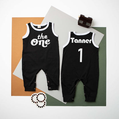 "The One" 1st Birthday Personalized Outfit | Retro Ringed Romper & Trucker Hat