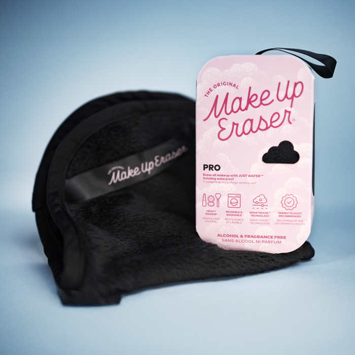 Makeup eraser with packaging on a light blue background