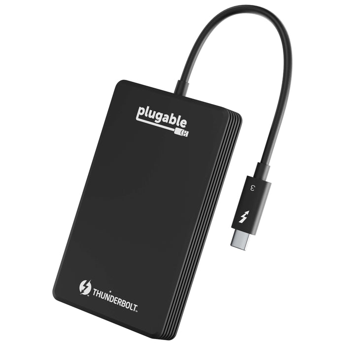 Plugable TBT3-NVME512 Thunderbolt 3 NVMe SSD with integrated Thunderbolt 3 cable.