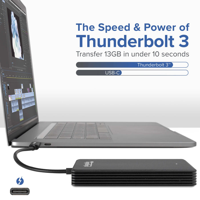Plugable TBT3-NVME512 SSD showing Thunderbolt 3 and USB-C compatibility, capable of transferring 13GB in under 10 seconds.
