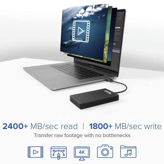 Plugable TBT3-NVME512 SSD showing 2400+ MB/sec read and 1800+ MB/sec write speeds for video, design, 4K, photo, and audio.
