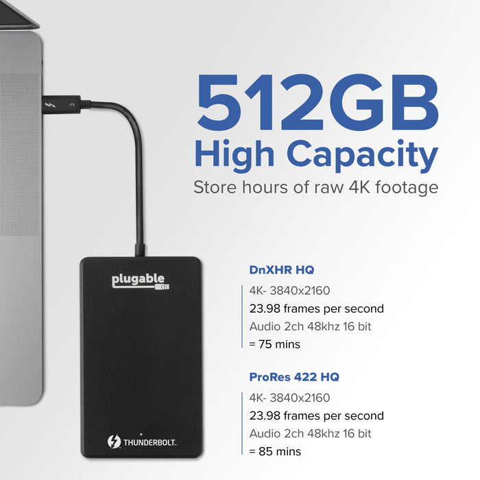 Plugable 512GB NVMe SSD storage capacity: 75 mins DnXHR HQ or 85 mins ProRes 422 HQ raw 4K 3840x2160 23.98fps footage.