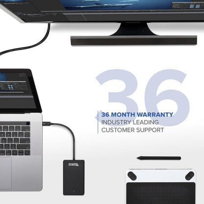 Plugable TBT3-NVME512 SSD connected to a laptop, featuring a 36-month warranty and customer support.