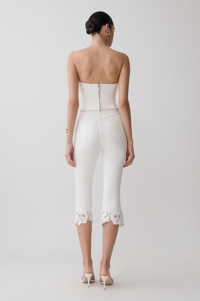 Tillie Flower Embroidery Strapless Denim Top - White