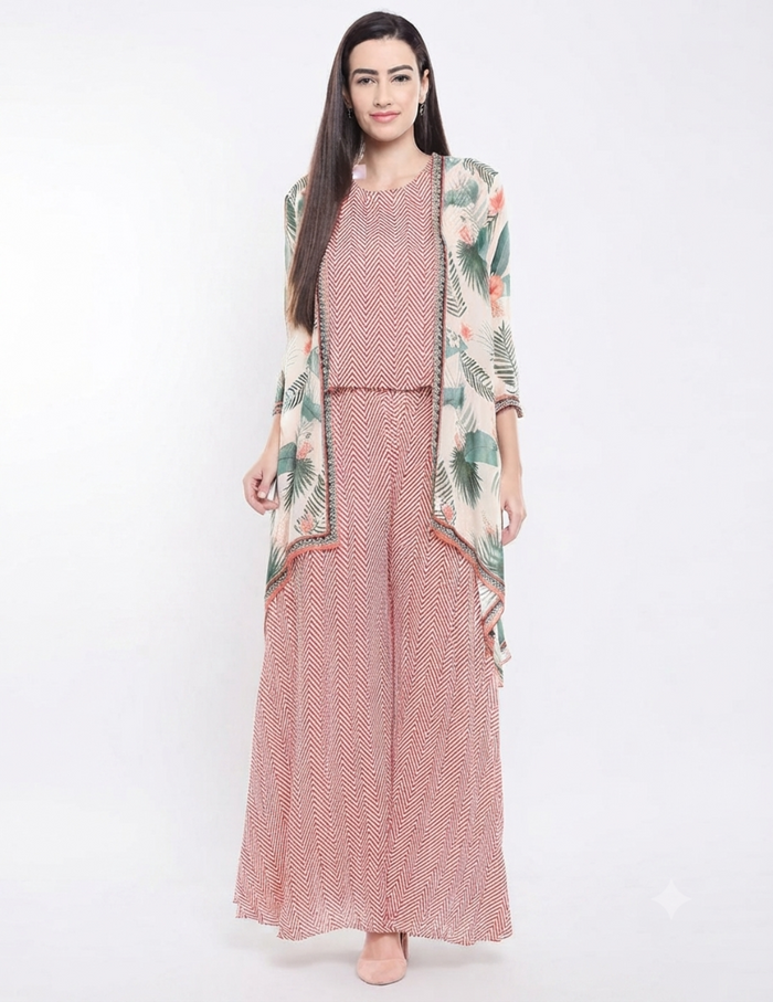 Red Printed Sequin Palazzo Set With Tropical Printed Jacket featuring a sequin top, flared palazzos, and cream tropical printed georgette jacket for women.