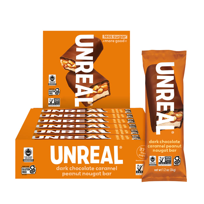 Unreal Dark Chocolate Caramel Peanut Nougat Candy Bars - 12 Count