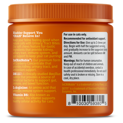 Orange jar of cat urinary tract support chews with ridged lid and product information labels on front.