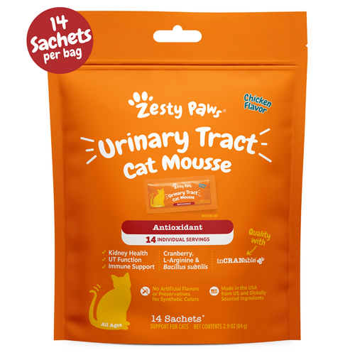 Orange Zesty Paw pouch of Urinary Tract Cat Mousse with 14 sachets, chicken flavor.