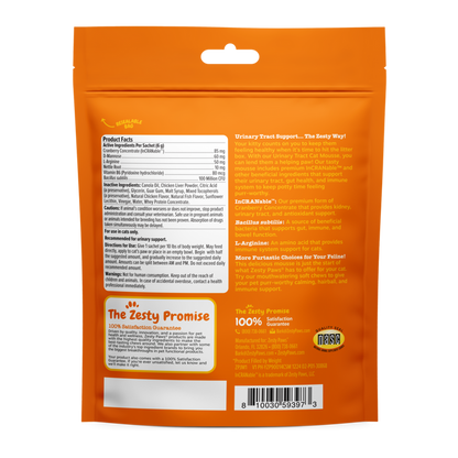 Orange resealable pouch of urinary tract support cat mousse with product facts, ingredients, and feeding directions printed o