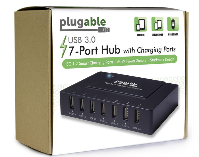 Plugable USB 3.0 7-Port Hub with BC 1.2 smart charging ports, 60W power supply, and stackable design.