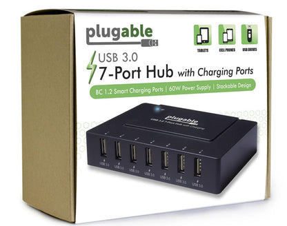 Plugable USB 3.0 7-Port Hub with BC 1.2 smart charging ports, 60W power supply, and stackable design.
