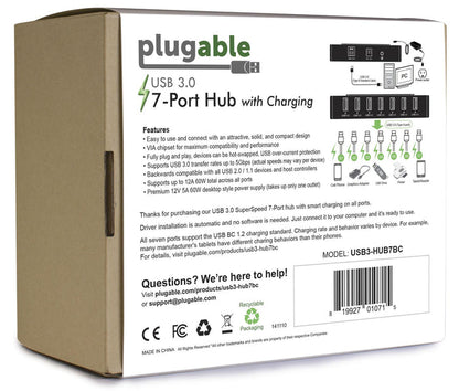 Plugable USB3-HUB7BC 7-port USB 3.0 hub features 5Gbps data transfer, BC 1.2 charging, and 60W power adapter.