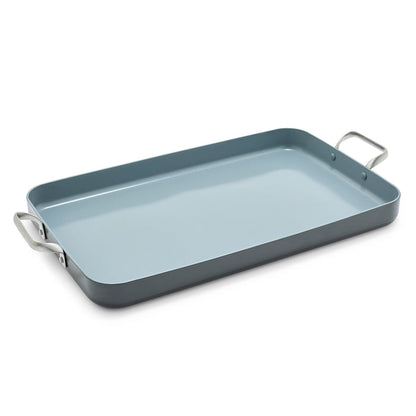 Rectangular ceramic nonstick griddle with two metal handles, sized to cover two burners.
