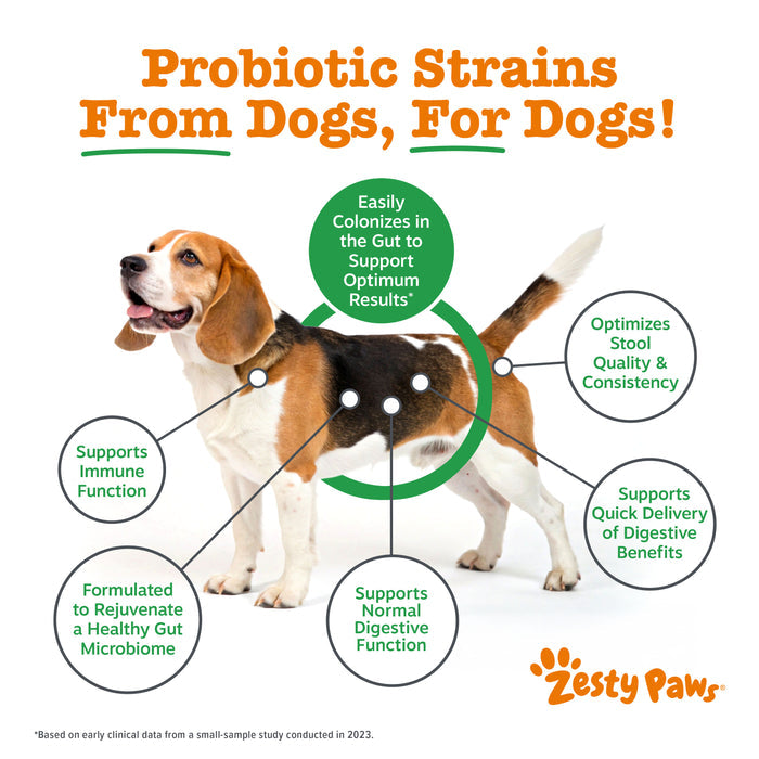 Zesty Paws product advertisement with a dog and text about probiotic strains for dogs.
