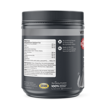 Black container with gray label displaying product facts, ingredients, and "The Zesty Promise" satisfaction guarantee seal.