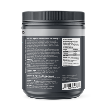 Black cylindrical container with gray label containing dog digestive health supplement bites, with ingredient information and
