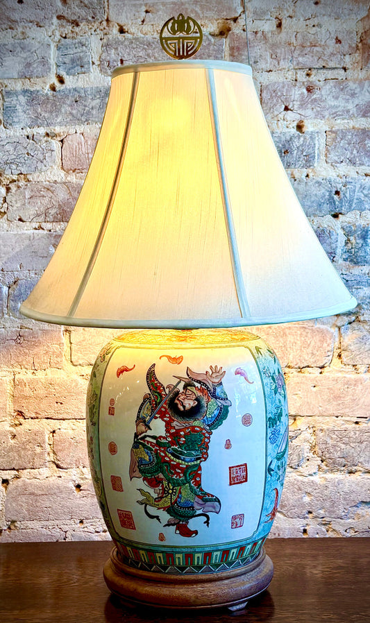 Vintage Chinoiserie Warrior Lamp.