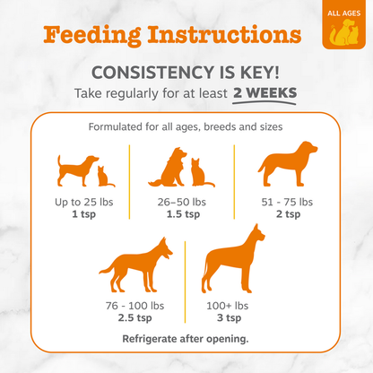 Feeding instructions chart showing dosage by pet weight from 1 teaspoon to 3 teaspoons with orange silhouettes of dogs and ca