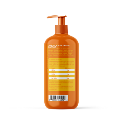 Orange bottle with pump dispenser containing fish oil supplement with dosage chart label on back.