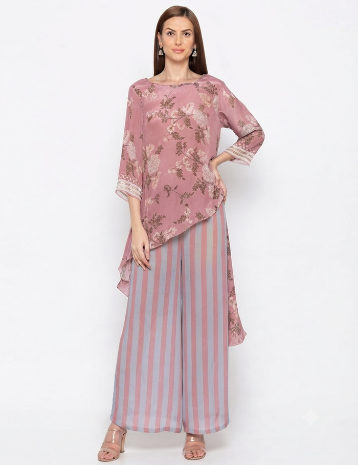 Pink Windance Printed High-Low Top paired with printed stripe crepe pants for women, featuring a contemporary designer co-ord silhouette.