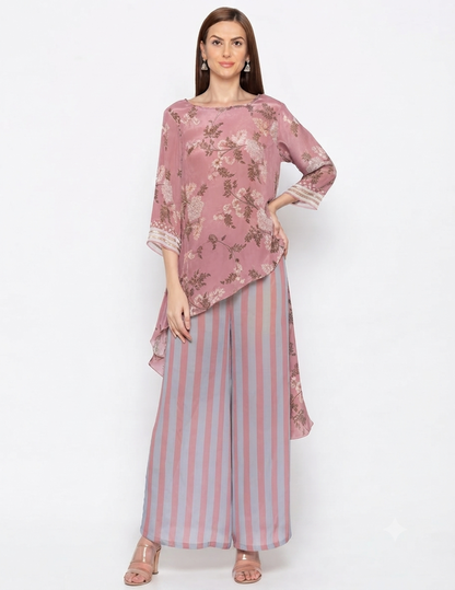 Pink Windance Printed High-Low Top paired with printed stripe crepe pants for women, featuring a contemporary designer co-ord silhouette.