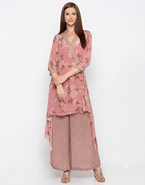 Windance Embroidered Kurta With Printed Pants featuring a wrap-style high-low embroidered kurta paired with elegant printed pants for contemporary ethnic wear.