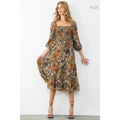 Women's L/S Balloon Sleeve Smocked Floral Print Midi Dress in Taupe