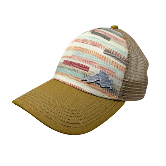 Trucker Hat with woven stripes print front panel and a small silver Lake Superior patch.