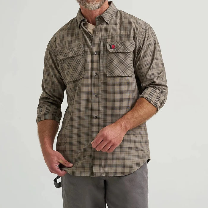Wrangler Men's Riggs Workwear L/S Technical Work Shirt in Dark Khaki Plaid (Available in Plus Sizes)