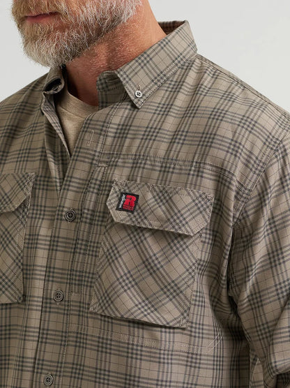 Wrangler Men's Riggs Workwear L/S Technical Work Shirt in Dark Khaki Plaid (Available in Plus Sizes)