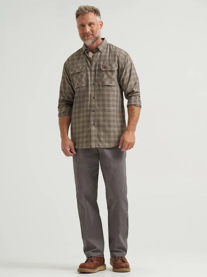 Wrangler Men's Riggs Workwear L/S Technical Work Shirt in Dark Khaki Plaid (Available in Plus Sizes)