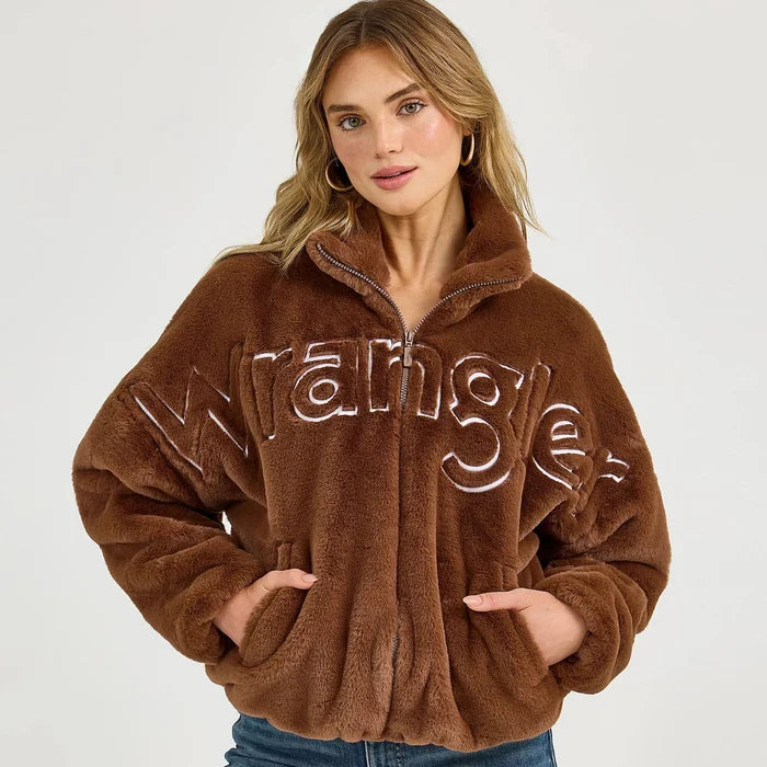 Wrangler Retro Women's Logo Fuzzy Zip Jacket in Teddy Brown