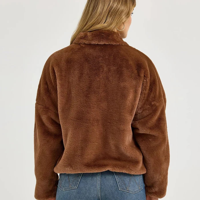 Wrangler Retro Women's Logo Fuzzy Zip Jacket in Teddy Brown