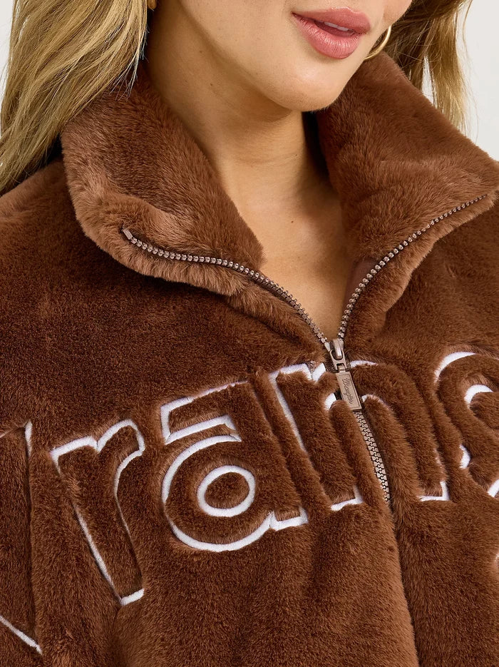 Wrangler Retro Women's Logo Fuzzy Zip Jacket in Teddy Brown